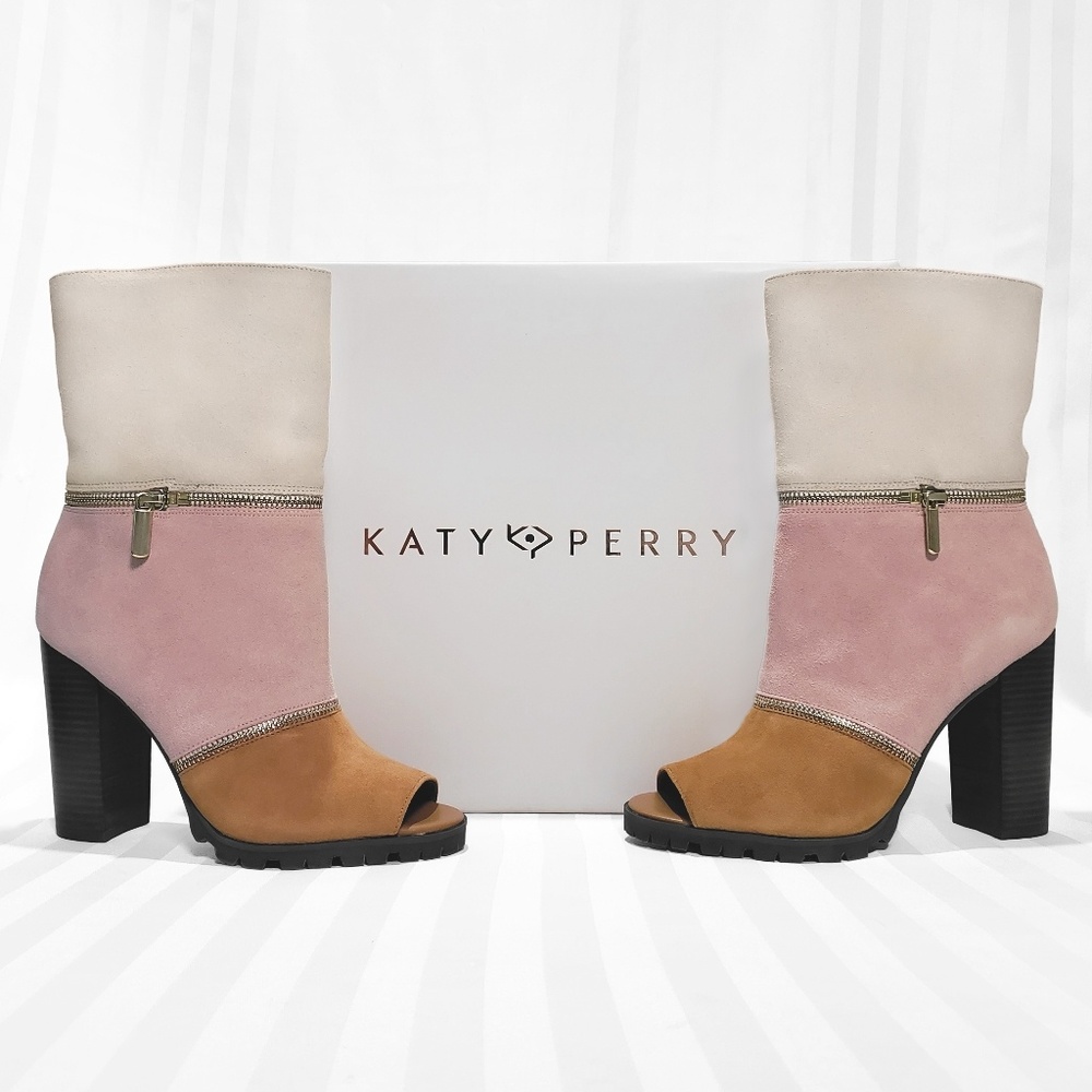 Katy Perry Evelyn Almond Suede Peep Mid-Calf Boot Sz 9.5